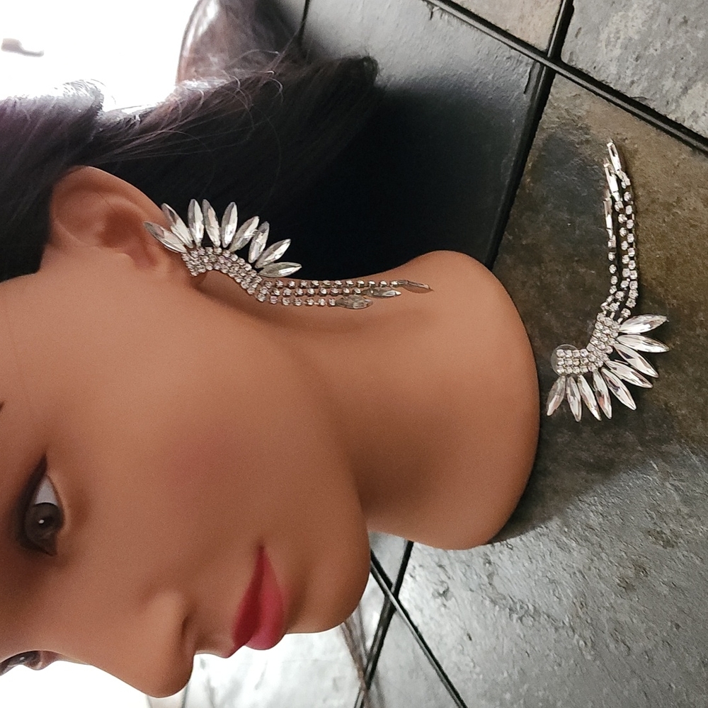 CZ Marquise Waterfall Earrings Silver Statement Bridal Wedding Ear Cuff Climber - Picture 3 of 13